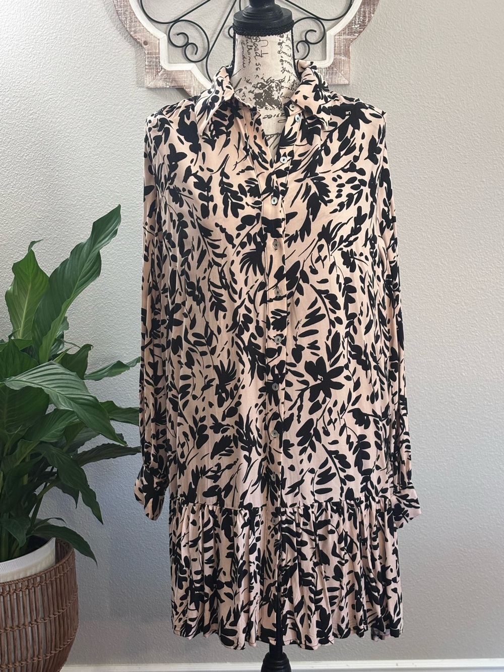 H&M Beige Dress with Black Floral Print, Long Sleeve